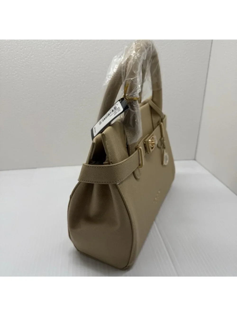 Bebe Evie Satchel NWT Beige Saffiano Gold Turn Lock Crossbody Handbag Work